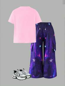 2pcs/Set Young Girls Graphic Tee & Ombre Star Print Cargo Pants, Suitable For Music Festivals, Street Hip Hop, Summer Comfortable Pink T-Shirt Set - Multicolor - View 2