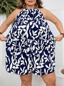 SHEIN CURVE+ Áo liền quần nữ cỡ US22, thích hợp cho lễ hội âm nhạc, kỳ nghỉ biển, phong cách bohemian, in họa tiết cây cỏ, kiểu dáng thường ngày, cổ yếm, thích hợp cho kỳ nghỉ. Áo liền quần ngắn dễ thương dành cho nữ, thích hợp cho nữ. - Màu xanh hải quân - Xem 5