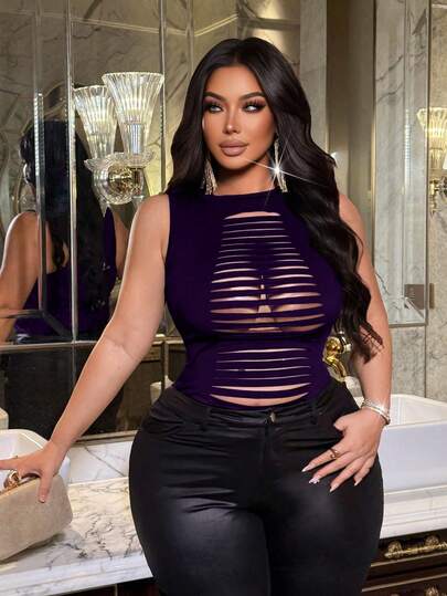 NU&NOW Women's Sexy Casual Hollow Out Ripped Design Plus Size Vest, Casual Wear, Daily Wear