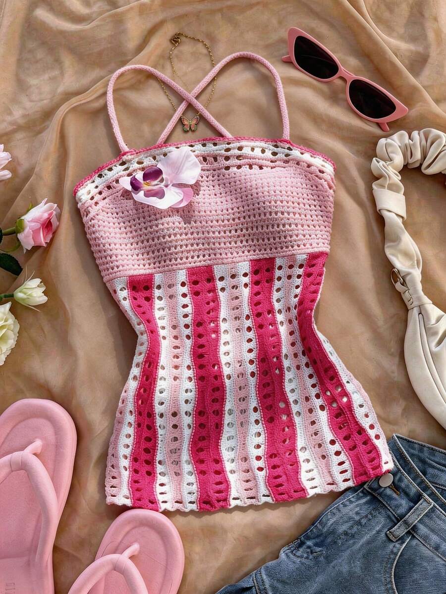 SHEIN Franclia 女士撞色交叉针织上衣 - 粉色 - 查看 1
