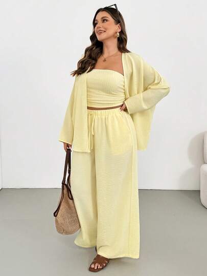 Shapeblank Plus-Size Women's Spring/Summer Fashion Casual Loose Comfortable Everyday Strapless Top, Wide-Leg Pants, And Cardigan Three Pieces Set In Light Yellow,Vacation Outfits,Summer Set,Light Yellow Set Women 2 Pieces Outfit Casual Women's Summer Co Ord Women Spring Outfit Women Vacation Outfit Sets