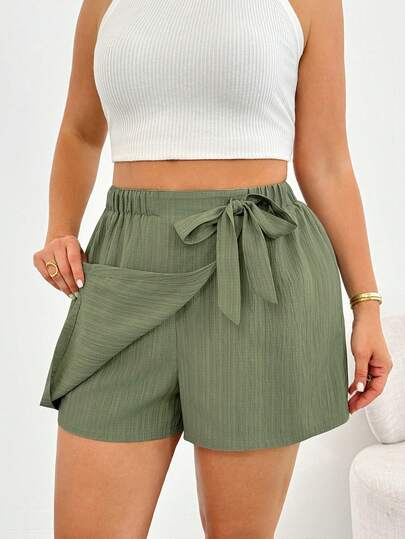 Shapeblank 大码女装春夏时尚休闲宽松舒适日常百搭显瘦纹理面料绿色半身裙，内衬短裤，女式下装，夏季短裤，度假穿搭，简约风格，欧洲夏季