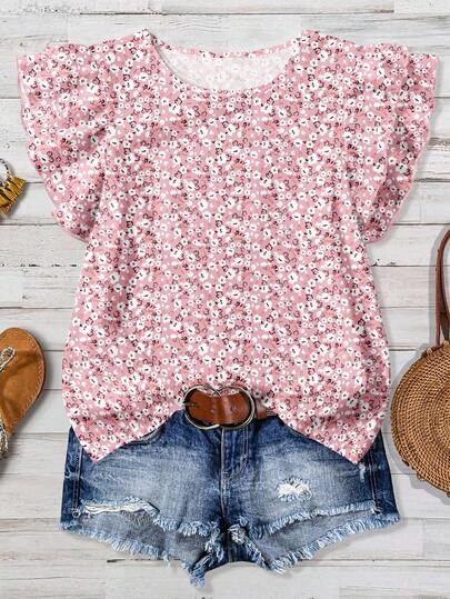 SHEIN Clasi Camisa de mujer con estampado de monedas vintage minimalista y casual, con decoración de mangas con volantes, adecuada para vacaciones de primavera/verano