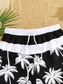 SHEIN Kids/Tween Boys' Casual Everyday Comfortable Loose Coconut Tree Print Swim Trunks - Black and White - View 5