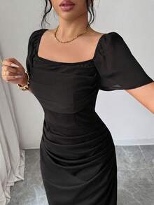 SHEIN Elenzya 方领收腰优雅浪漫精致女式连衣裙，短袖 - 黑色 - 查看 6