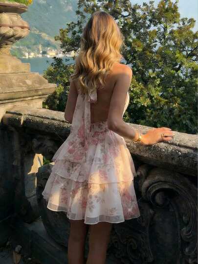 SHEIN MOD 女士露背蝴蝶结双层荷叶边公主裙，春夏连衣裙，婚礼宾客礼服，生日礼服