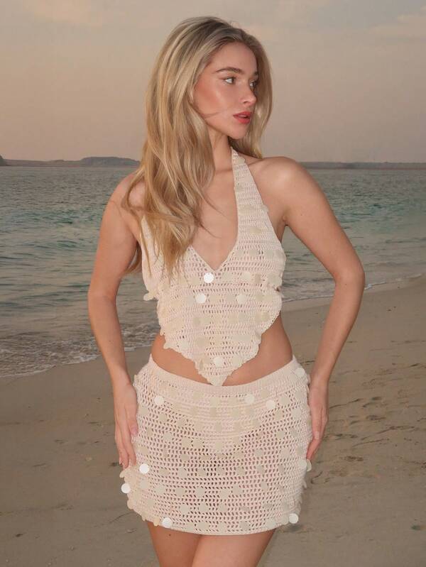 Turnttoni 女士性感 V 领系带露背吊带背心和高腰亮片毛衣两件套，适合派对、圣诞节、约会、夜总会、海滩、游轮、下午茶、波西米亚风、波西米亚风、浪漫花卉、度假钩针两件套奶油色两件套亮片两件套海滩两件套秋冬