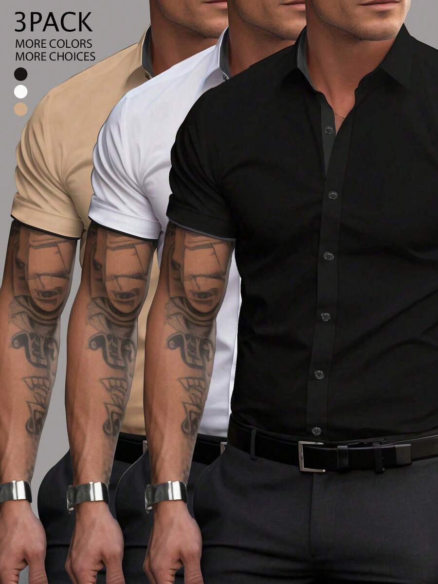Manfinity Mode Men's 3pcs Casual Solid Color Short Sleeve Shirt, Versatile For Summer, Formal, Ceremony - Multicolor - View 1