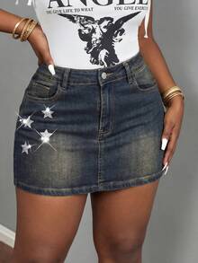 SHEIN BAE Falda vaquera de estilo callejero y vacacional con estampado de estrellas para mujer - Azul - Ver 4