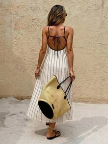 Serisse Đầm midi nữ kẻ sọc hở lưng buộc dây kiểu dáng thường ngày - Màu be - Xem 3