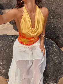 Opulessa Áo dệt kim ôm dáng trễ vai dành cho nữ, thích hợp cho kỳ nghỉ xuân/hè. - Màu Cam cháy - Xem 3