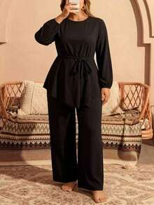 Swim Mulvari Traje de baño tipo tankini conservador y negro para mujer de talla grande, adecuado para la playa y resorts, Oriente Medio - Negro - Ver 5