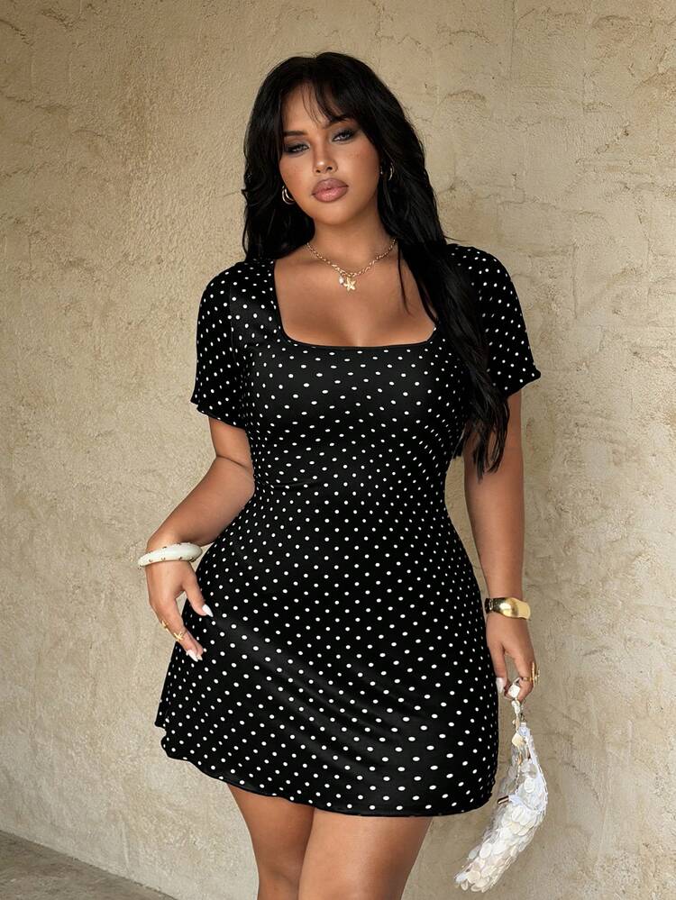 Vestido mini ajustado de manga corta con estampado de lunares negros para mujer de talla grande, diseño con lazo en la espalda, vestido romántico, atuendo de fiesta, elegante, estilo negro chic, vestido de primavera a la moda, estilo escolar, vestido de verano, diseño gótico, vestido de vacaciones, festival de música, tirantes finos para primavera/verano, ropa de primavera/verano + Coachella/Festival de música/Fiesta - Multicolor - Añade 3