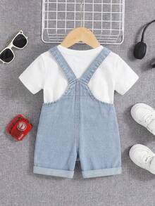 男婴休闲复古水洗翻盖口袋牛仔背带裤，男婴春夏服装 - 淺色水洗藍 - 查看 2