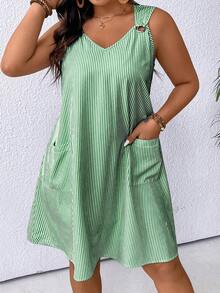 Elenzga Abito casual a righe senza maniche per donne taglie forti, set di abbigliamento da vacanza, abiti estivi da donna, abiti da spiaggia da donna, completi estivi casual da donna - Verde Scuro - Visualizzare 5