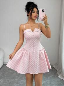 Elenzga Vestido mini de línea A sin mangas, con diseño de cintura ceñida, elegante y dulce, romántico y sexy para vacaciones. Vestido de princesa con botones y textura de cuadros, sin mangas, color rosa. - Rosa Pálido - Ver 7