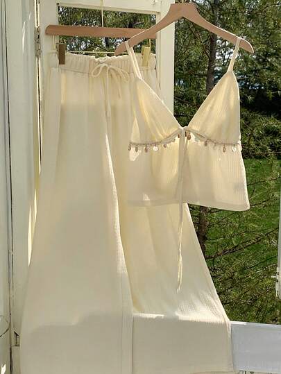 Comfortcana Conjunto de 2 piezas de camiseta de tirantes anudada y pantalones de unicolor para mujer