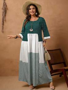 Rosumi 大码女式休闲度假圆领七分袖波点、格子和条纹拼接连衣裙，秋季 - 水鴨藍 - 查看 5