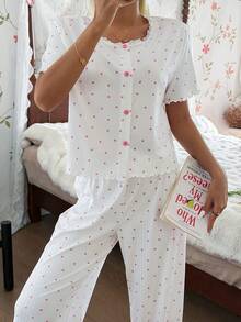 SHEIN 2pcs/Set Pink Heart Contrast Lace Trim Short Sleeve Sleepwear Top And Pants - White - View 8