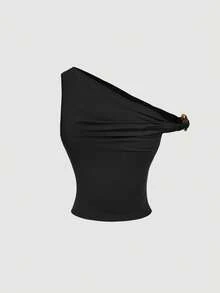 SHEIN MOD Bộ đồ 2 món thời trang hè dành cho nữ: Áo ôm sát cổ bất đối xứng đính kim loại và chân váy ngắn đính sequin. - màu đen - Xem 9