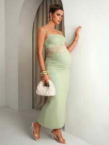 MaterniChic Đầm bầu kiểu camisole ôm sát, thanh lịch, phối ren tương phản, xếp nếp. - màu xanh lá - Xem 3