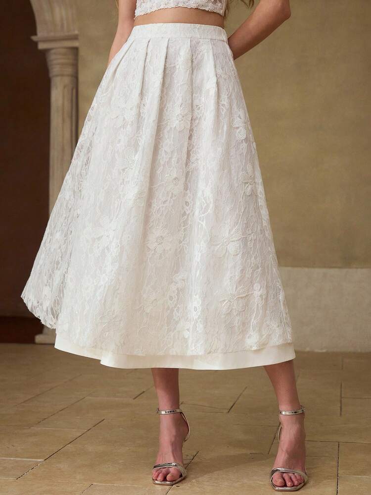 WOMEN'S FASHION LACE CUT FOLD PLEATED FLARED SKIRT