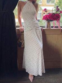 Pariaura Women's Polka Dot Pattern Pleated Halter Elegant French Style Dress - Green - View 2