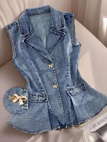 GlowEve Women's Metal Bow Button Design Casual Vest Denim Jacket - Blue - View 1