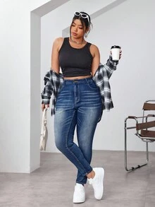 SHEIN EZwear 大码女式高腰口袋修身休闲百搭牛仔裤 - 藍色 - 查看 6