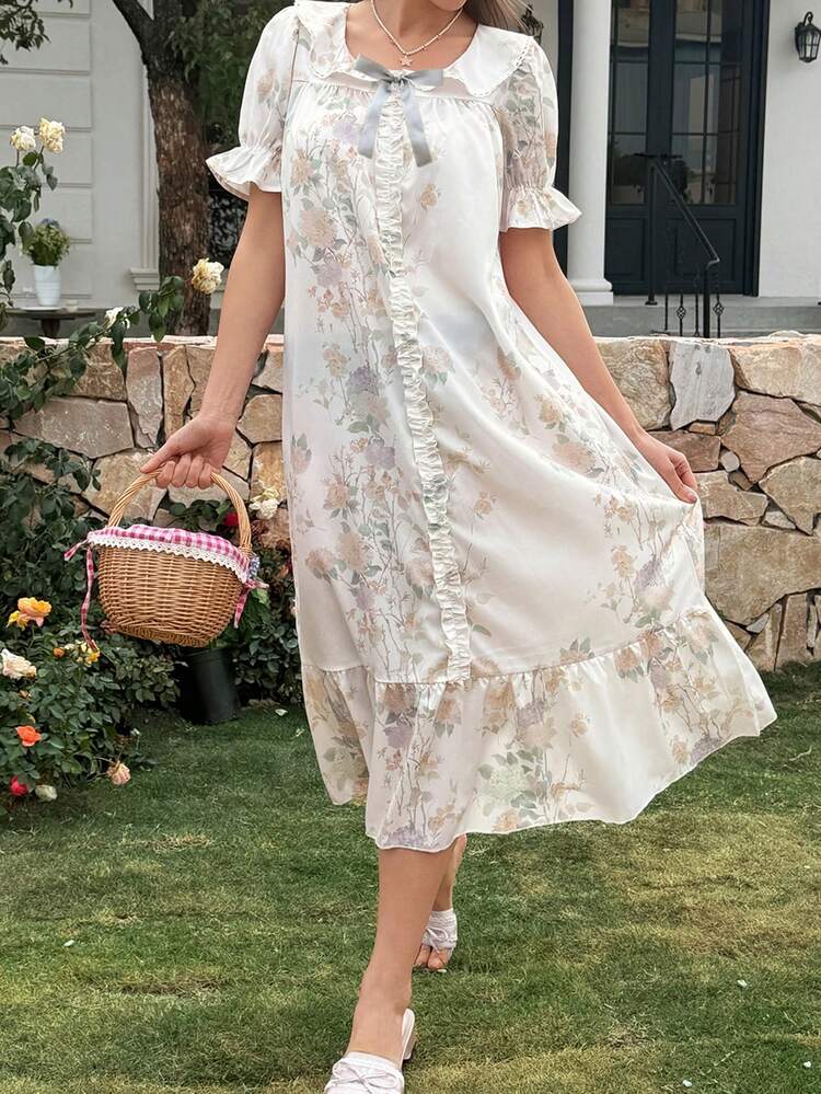 Summer Sweet Floral Print Ruffle Trim Petal Sleeve Loose Women Nightgown