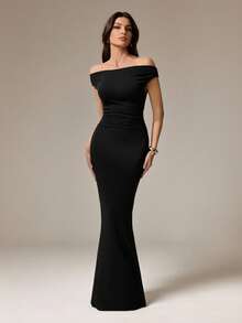 SHEIN Tall Đầm ôm sát màu đen trơn trễ vai xếp ly dành cho nữ, thích hợp cho mùa hè. - màu đen - Xem 4