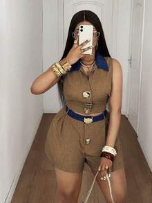 Maweii Plus Size Contrast Color Collar Sleeveless Top And Shorts 2 Pieces Set - Brown - View 7