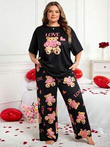SHEIN CURVE+ 加大码女式熊与爱心印花短袖上衣和裤子睡衣套装，情人节 - 彩色 - 查看 5