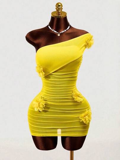 Mistrie 2026 Ms. Spring/Summer New Collection, Sexy One Shoulder, Mesh Fabric Sheer Short Dress With 3D 3D Floral Decor Design, Bold Color, Y2K Revival |, Sweet Spicy Style, Sheer Fabric, Asymmetrical Shoulder Dress, Vacation Look, Festival Outfit, Teen Girl, Young Adult, 2026 Fashion , Clothing, Lightweight Fabric, Suitable For Miami Beach Vacation, Beach Cover-Up Dress
