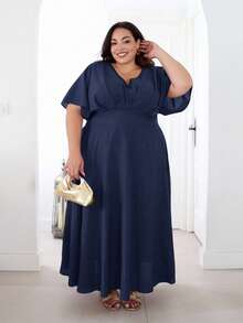 Pretty and Ole Plus Size Summer Simple Elegant Cinched Waist Batwing Sleeve Dress - Navy Blue - View 1