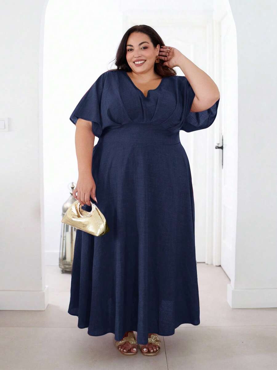 Pretty and Ole Plus Size Summer Simple Elegant Cinched Waist Batwing Sleeve Dress - Navy Blue - View 1
