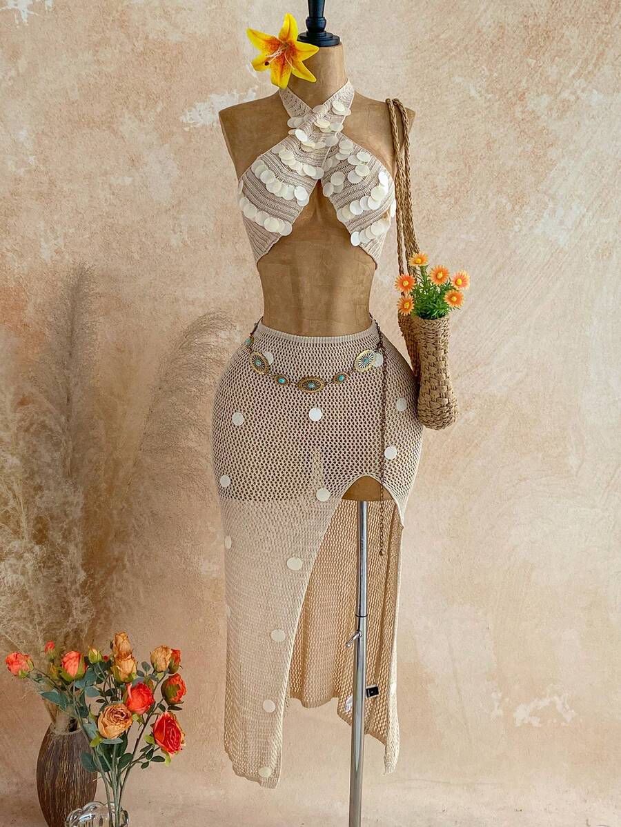 Soleia 女士纯色露背吊带上衣和高开衩半裙两件套，饰有串珠装饰 - 彩色 - 查看 1
