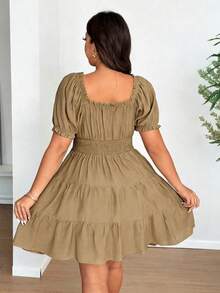 SHEIN Clasi Đầm dệt kim cỡ lớn, cổ chữ V, tay cánh hoa, xếp ly, thanh lịch. - Màu Khaki - Xem 7