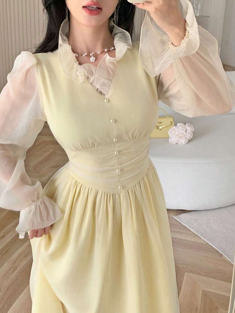 Feyla 女士优雅职业装长裙 - 鵝黃色 - 查看 5