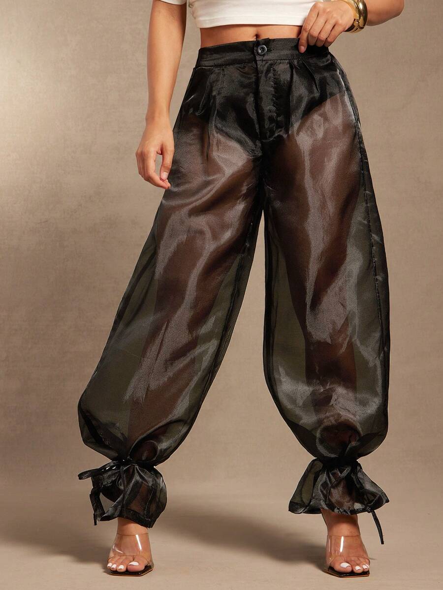 Vixey Sheer Organza High Waist Cuffed Balloon Pants, Unlined, Panty Not Included - Black - View 1