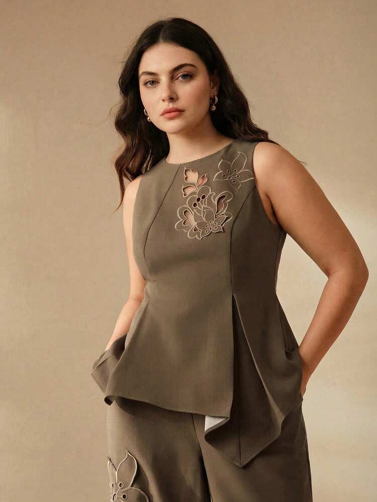 Anewsta Plus Size Women's Spring/Summer Brown-Green Floral Hollow Embroidery Fitted Asymmetric Hem Sleeveless Top, Suitable For Daily, Commute And Vacation Wear