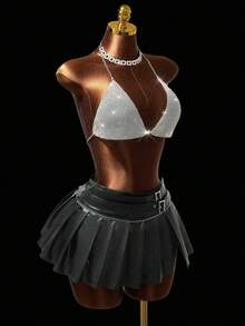 Mistrie Women's Fashionable Sexy Metal Rhinestone Music Festival Backless Halter Top,Summer,  Graduation ,Party Outfit  , Beach Outfits  , Beach Outfits  , Y2K , Sequin  Music Festival Sexy Club Outfit Rhinestone Bikini Skirt Bikini Set - Silver - View 6