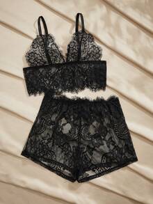 Charlaine 女士性感透视蕾丝吊带背心和短裤睡衣套装，夏季 - 黑色 - 查看 3