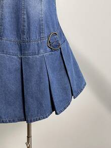 Elamini 女士休闲时尚街头风日常通勤搭扣褶裥下摆牛仔吊带裙，夏季 - 藍色 - 查看 3