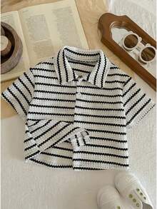 LMoss Kids 男婴白色薯条条纹短袖衬衫，夏季 - 黑與白 - 查看 4