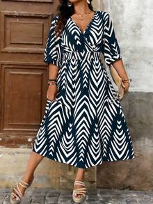 EMERY ROSE Elegant Printed Short Sleeve Dress, Summer - Blue - View 3