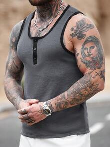 Manfinity Homme 男士无袖背心，半开襟纽扣设计，修身版型，黑灰条纹提花背心 - 深灰色 - 查看 6