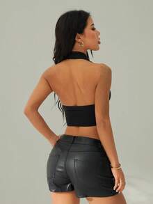 SHEIN PETITE 秋冬季女士翻领露背无袖前扣西装外套 - 黑色 - 查看 2