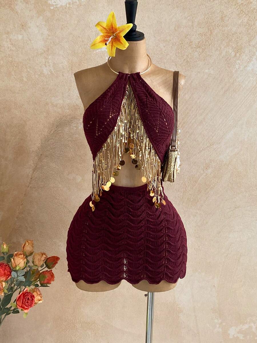 Soleia Vestido de punto sexy con escote halter, calado y con lentejuelas y flecos para mujer - Burdeos - Ver 1