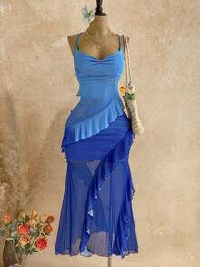 Soleia Đầm nữ in họa tiết hoa cổ điển nhiều màu sắc, cổ xếp ly, gấu đầm bồng bềnh, kiểu dáng đi nghỉ mát. - Màu xanh lam - Xem 5